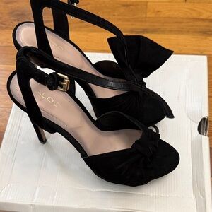 Aldo Black Strappy Heels with Bow Accent